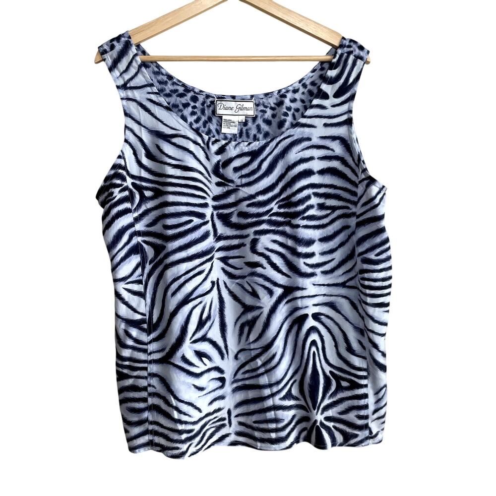 Diane Gilman 100% silk purple black animal printed tank top tiger women's 1X